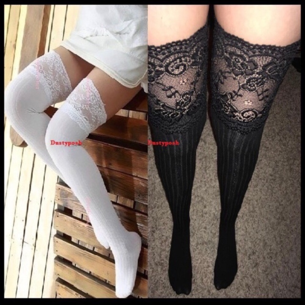 Lace Top Thigh High Socks Ribbed Over The Knee OTK - Picture 2 of 11